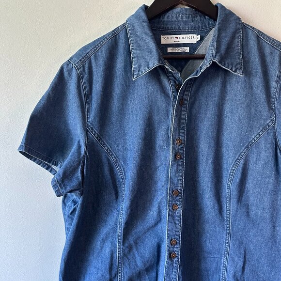 VINTAGE Y2K Tomm Hilfiger Women's Denim Short Sleeve Button-Up Size 20 - Picture 2 of 12